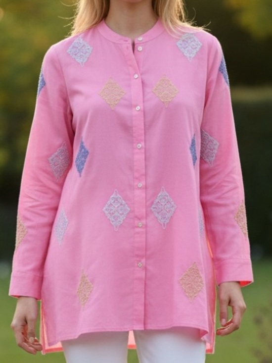 J. Jill Tops - J. Jill Pink Embroidered Tunic ✨ Button Front Boho Diamond Detail Size L